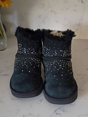 Ugg Women's Black Faux Fur Suede Ankle Boots with Stud Detail